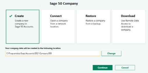 sage 50 company setup create connect restore download